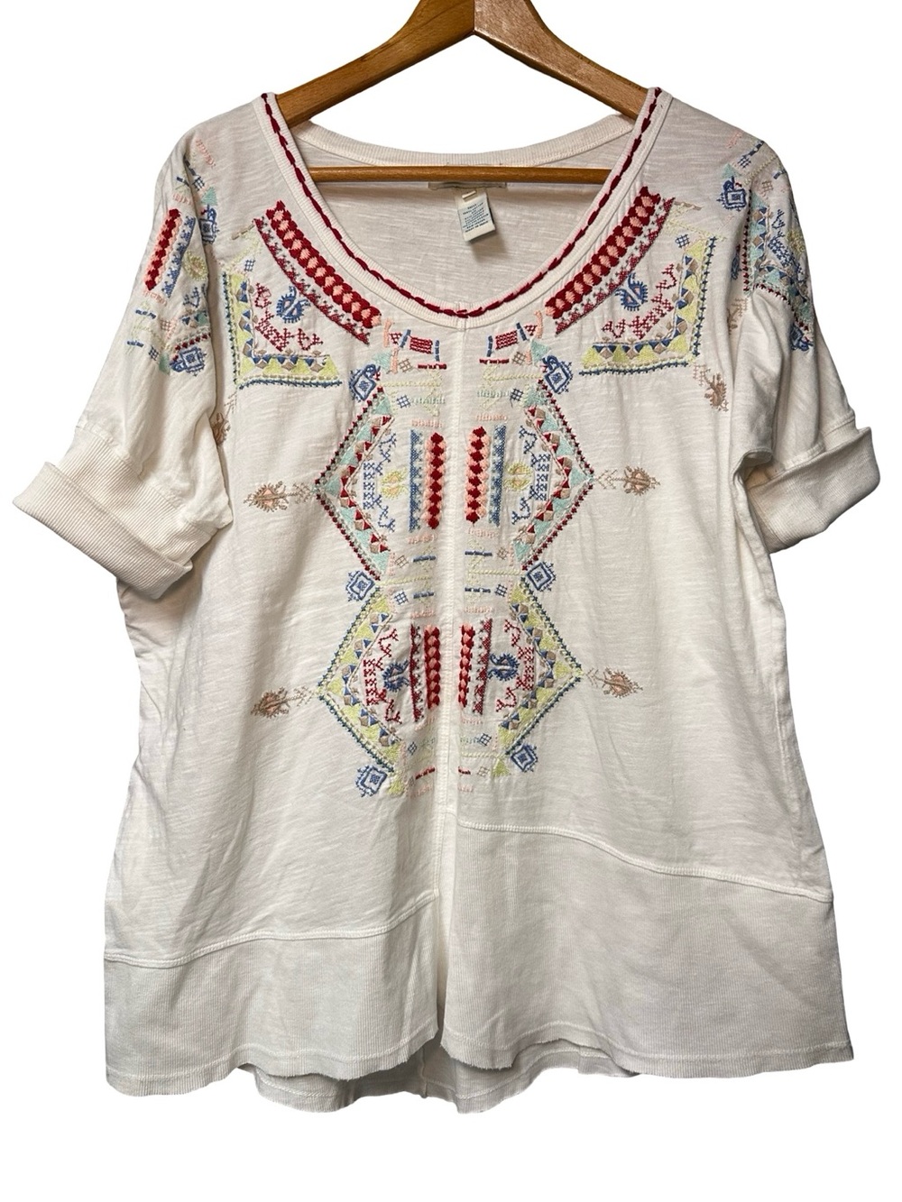 Sundance Embroidered Short Sleeve Cotton Tunic Blouse Top Large Aztec Tribal
